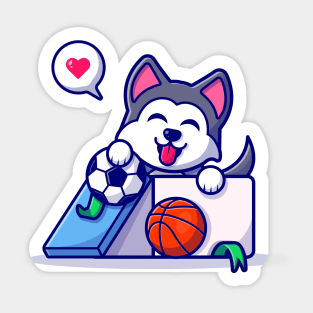 Cute Husky Dog In Box With Ball Cartoon Vector Icon Illustration Sticker